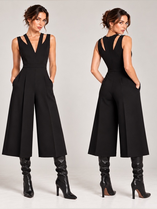 BCBGMaxAzria Pants - BCBGMaxAzria Black VNeck Wide Leg Jumpsuit Culotte Cropped Tailored Capris Sz XS